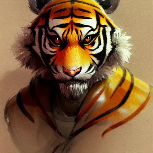 Image similar to concept art of anthropomorphized tiger, highly detailed painting by dustin nguyen, akihiko yoshida, greg tocchini, 4 k, trending on artstation, 8 k