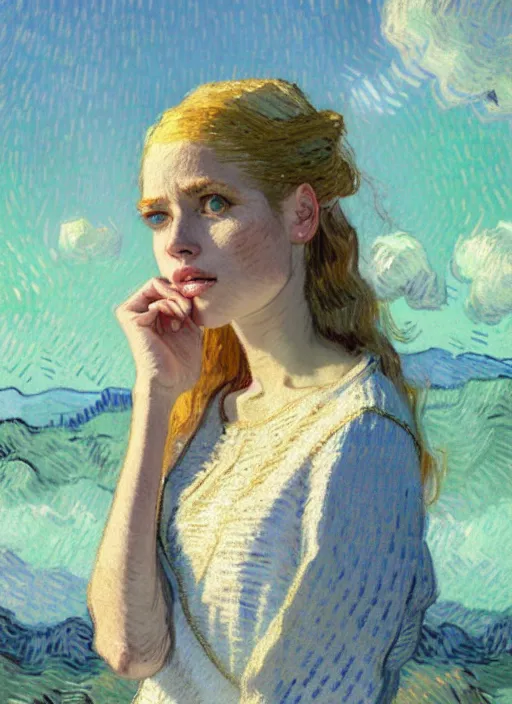 Prompt: portrait of a beautiful girl, sea dunes backdrop, sad, pastel shades of light blue and light yellow, beautiful face, rule of thirds, intricate outfit, spotlight, by greg rutkowski, by van gogh, by rineke dijkstra, digital painting