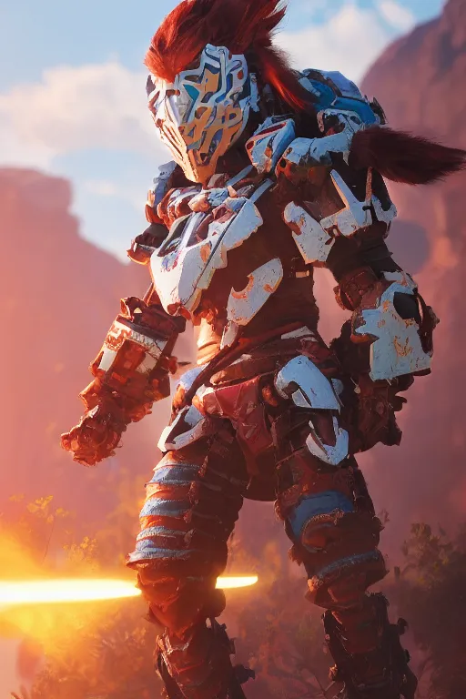 Image similar to combination suit armor aloy horizon forbidden west horizon zero dawn robot ninja mask helmet backpack tribal, aesthetic octane render, 8 k hd resolution, by ilya kuvshinov and cushart krentz and gilleard james radiating a glowing aura cgi rtx 2 0 2 2