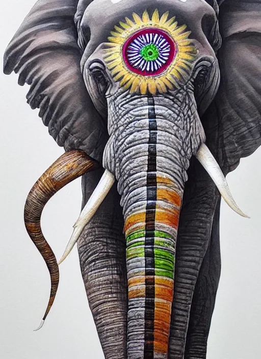 Image similar to ethereal elephant with indian flag colors painted on its face, intricate detail, ornate, conceptual art, soft light, dynamic, art by artgerm
