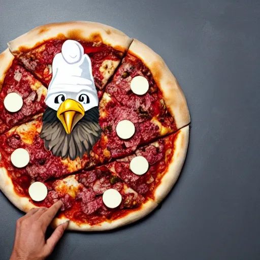 Image similar to photo of an eagle with a little chef hat stretching a pizza dough into a base with its talons