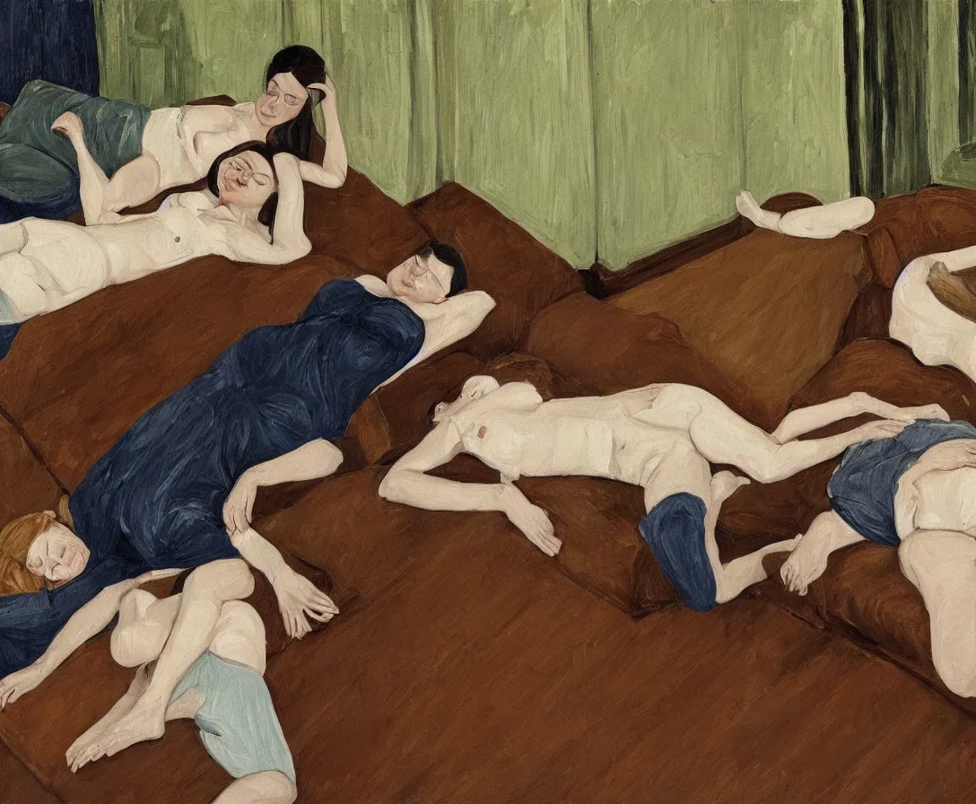 Image similar to portrait of two women lying horizontal, in an empty old english apartment with wooden floor on a brown leather sofa. one is wearing a dark blue sweather, the other a white shirt. brown hair, they are looking into the camera. wide shot. in the style of lucien freud. oil painting. green mood. isometric perspective