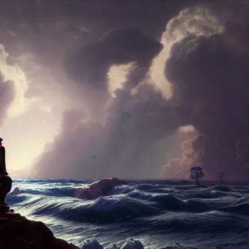 Image similar to A man made of clouds walking over a blood ocean, masterpiece, ultra detailed, unreal engine 5, illustration, Albert Bierstadt and Henri.