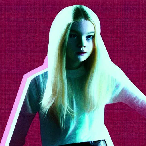 Prompt: VHS glitch art of Elle Fanning