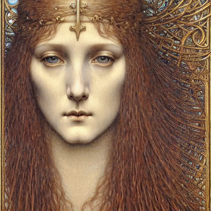 Image similar to detailed realistic beautiful young medieval queen face portrait by jean delville, gustave dore and marco mazzoni, art nouveau, symbolist, visionary, gothic, pre - raphaelite. horizontal symmetry