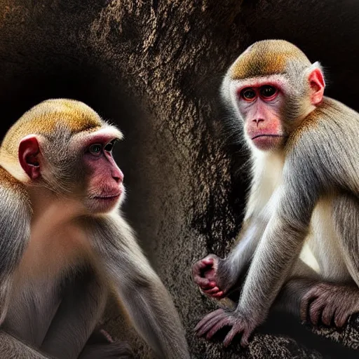 Image similar to two macaques looking at each other inside ancient cave, digital art, soft shadows, creepy art, flare effect