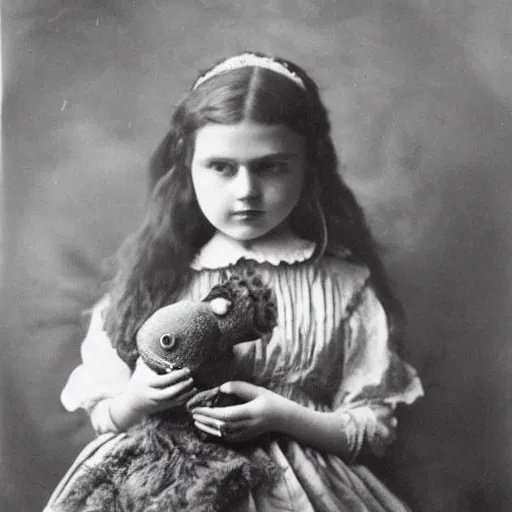 Prompt: a beautiful victorian girl child holding her adorable pet monster in her room