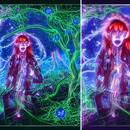 Image similar to anime girl electronic circuitry, with fireflies with a thick mane of bioluminescent vines and flowers by chris dyer and alex grey street art, trending on artstation, dramatic lighting, octane render, weta digital, trending on deviant art, deepdream, ray trace