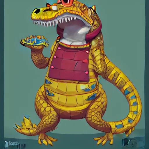 Prompt: in the style of taran fiddler, loish and ross tran, cartoon anthropomorphic alligator, symmetrical face, symmetrical eyes, red scales on his back, yellow scale on his belly and chest, male, waring a hawaiian shirt, cgsociety