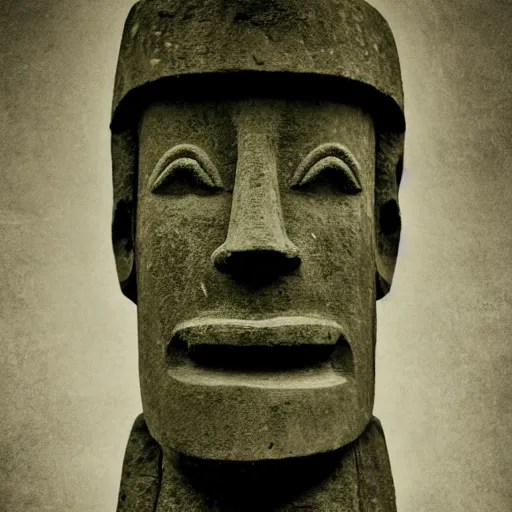 Prompt: A Stock photograph of a Man in a suit with an Moai as a face