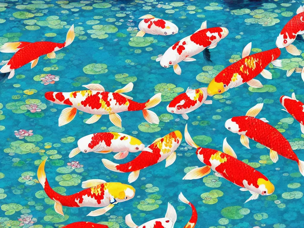 Image similar to colorful koi carp in a waterly pond, illustration, concept art, colorful, beautiful, studio ghibli, takashi murakami, aoshima chiho, manga, cute and adorable