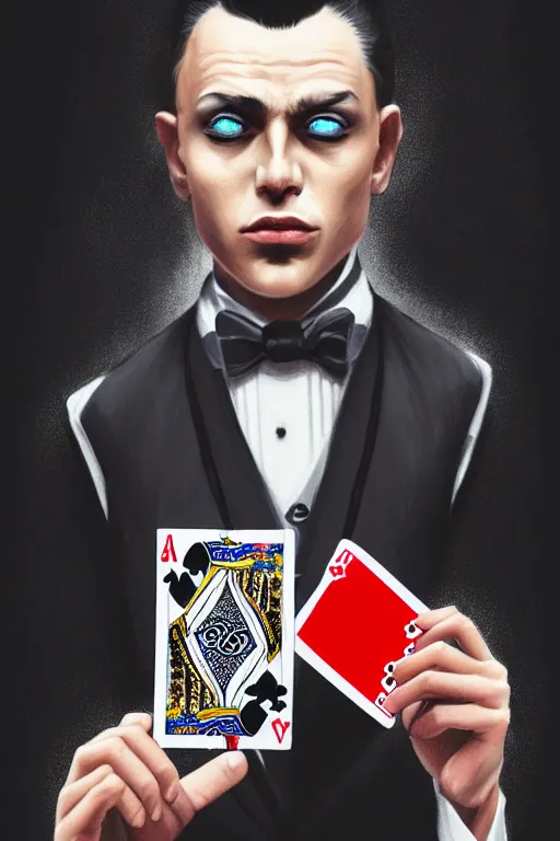 Image similar to modern street magician holding a playing card, realistic, modern, magicians eyes are covered with hankerchief, intricate, elegant, highly detailed, digital painting, artstation, concept art, addiction, smooth, sharp focus, illustration, art by ilja repin