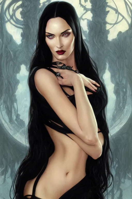 Prompt: ultra realistic illustration, megan fox as morticia addams from baldurs gate and diablo, intricate, elegant, highly detailed, digital painting, artstation, concept art, smooth, sharp focus, illustration, art by artgerm and greg rutkowski and alphonse mucha