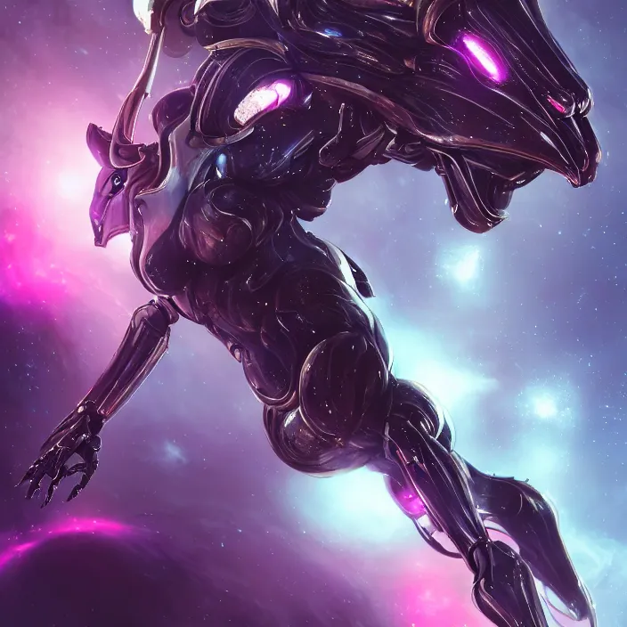 Image similar to cinematic shot, bust, cosmic sized perfectly proportioned stunning hot female warframe, anthropomorphic robot mecha female dragon, dragon head, silver, fuschia leds, floating in empty space, nebula sized, holding a galaxy, epic proportions, epic size, epic scale, furry art, dragon art, giantess art, warframe fanart, furaffinity, deviantart