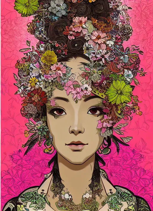 Image similar to !!! very coherent!!! beautiful floralpunk balinese cyborg portrait girl female illustration detailed patterns art of bali traditional dress, flower pop art, floral splash painting, art by geof darrow, ashley wood, alphonse mucha, makoto shinkai, dark shadow