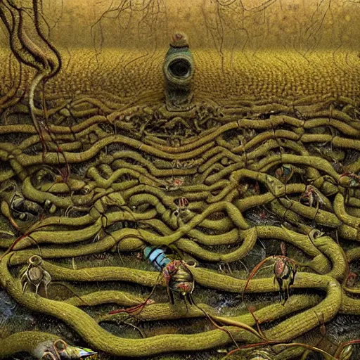 Image similar to a hyperrealistic painting of a psychedelic nightmare landscape, worms, bees, vines, by anton semenov and santiago caruso, highly detailed, vivid color,