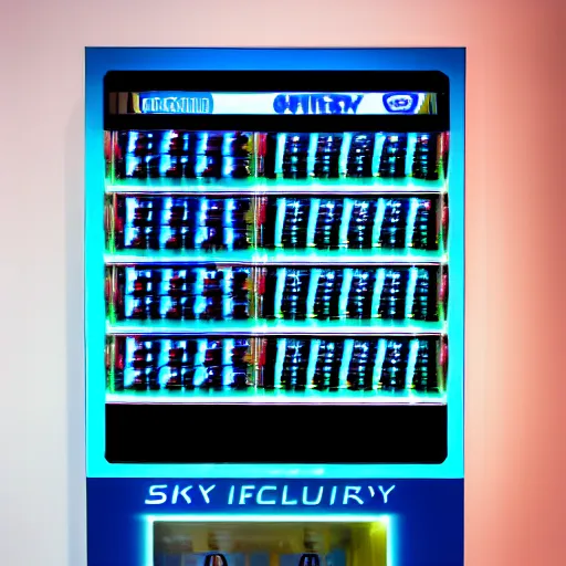 Image similar to a scene of a futuristic vending machine in sky city mall in the style of the ( minority report ) film taken from a distance, minimalist, blue and white, cinematic lighting