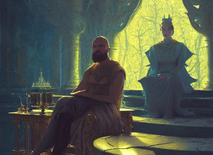 Image similar to wide view picture of a lord sitting on the thrones, lighting eyes, magic and fantasy, floating, highly detailed face, specular reflection, occlusion shadow, intricate, bokeh, masterpiece, by ilya kuvshinov and jeremy lipking and quentin mabille