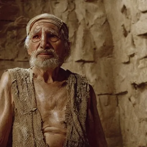 Image similar to cinematic film still of 80 year old man in ancient Canaanite clothing building Noah's Ark, directed by Steven Spielberg