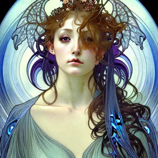 Prompt: portrait shoulder level close up image of a seraphim angel human soul light visualized as human form inspired by alphonse mucha, ayami kojima, amano, charlie bowater, karol bak, greg hildebrandt, jean delville, and mark brooks, art nouveau, neo - gothic, gothic, rich deep moody colors. yuka morii and aaron blaise