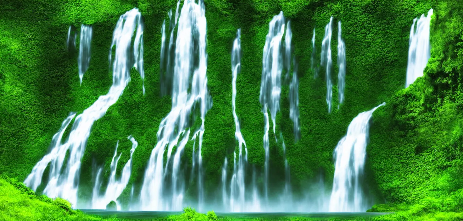 Prompt: a large waterfall in the middle of a green valley, vector art, a detailed matte painting by jacob willemszoon de wet, shutterstock contest winner, naturalism, sense of awe, national geographic photo, unreal engine