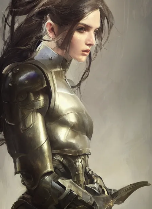 Image similar to a professional painting of a beautiful young female, clothed in military armor, olive skin, long dark hair, beautiful bone structure, symmetrical facial features, intricate, elegant, digital painting, concept art, smooth, sharp focus, illustration, from Metal Gear, by Ruan Jia and Mandy Jurgens and Artgerm and William-Adolphe Bouguerea