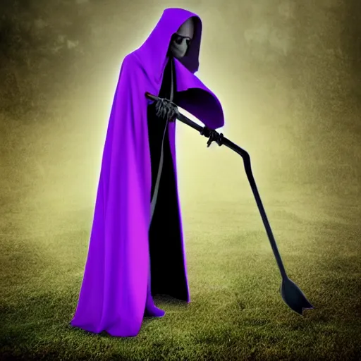 Image similar to grim reaper, purple cloak, full body