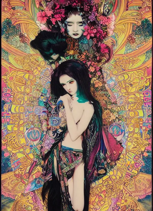 Prompt: cute punk goth fashion hippy fractal tattooed girl wearing kimono posing by Zhang Jingna, psychedelic poster art of by Victor Moscoso Rick Griffin Alphonse Mucha Gustav Klimt Ayami Kojima Amano Charlie Bowater, masterpiece