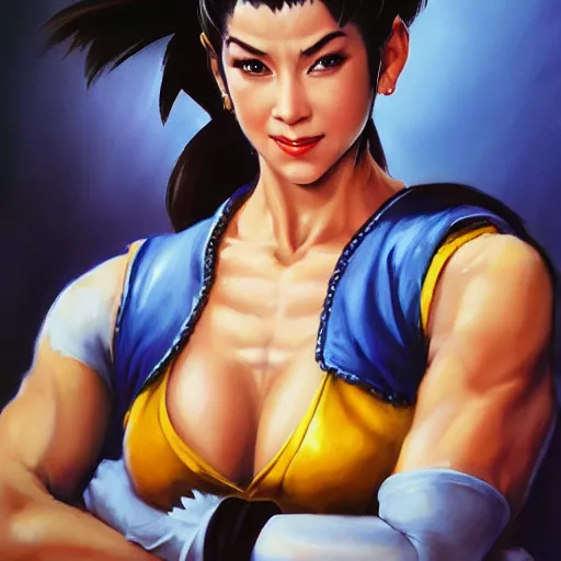 Image similar to ultra realistic janice litman - goralnik as chun li from street fighter, portrait painting by frank frazetta, 4 k, ultra realistic, highly detailed,