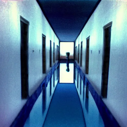 Prompt: Beautiful cameraphone 2005 soft liminal Photograph of an infinite hallway pool