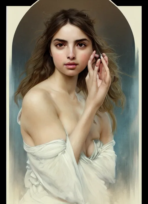 Image similar to beautiful portrait of ana de armas, soft features, by magali villeneuve and greg rutkowski and artgerm and alphonse mucha and jeremy lipkin and rob hay, intricate, elegant, highly detailed, photorealistic, trending on artstation, trending on cgsociety, 8 k, sharp focus