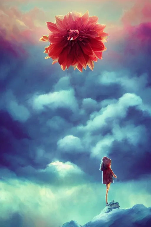 Image similar to closeup giant dahlia flower over the head, girl standing on mountain, surreal photography, blue storm clouds, dramatic light, impressionist painting, digital painting, artstation, simon stalenhag