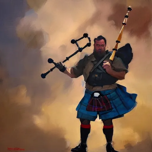 Image similar to greg manchess portrait painting of scottish man playing the bagpipesr overwatch character, medium shot, asymmetrical, profile picture, organic painting, sunny day, matte painting, bold shapes, hard edges, street art, trending on artstation, by huang guangjian and gil elvgren and sachin teng