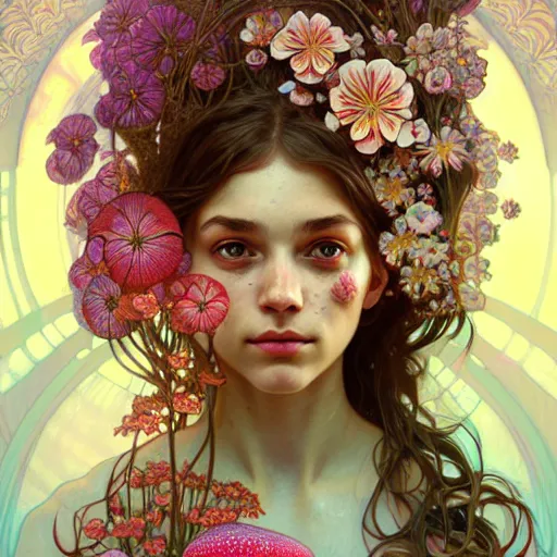 Image similar to Portrait of a girl surrounded by flowers and morphing into mushrooms, face, fantasy, intricate, elegant, highly detailed, digital painting, artstation, concept art, smooth, sharp focus, illustration, art by Fernanda Suarez and Artem Demura and alphonse mucha