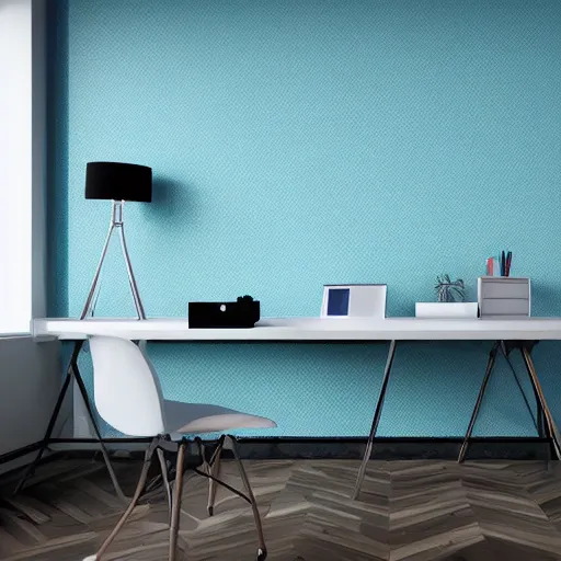 Prompt: interior of a modern office, pop art wallpapers, blue color scheme on furniture, photorealist, 4 k