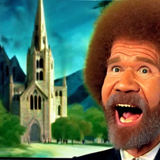 Prompt: bob ross screaming in a cathedral