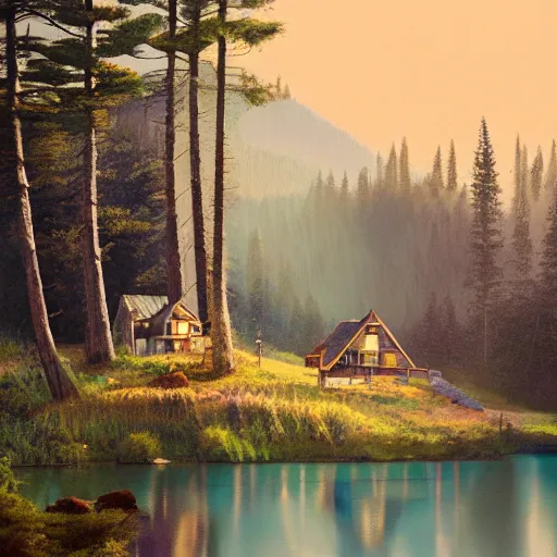 Prompt: small robot cottage at the edge of a lake in the mountains, painterly painting by gurney and beeple, soft glowing windows, early evening, reflections, pine trees, detailed, outlined