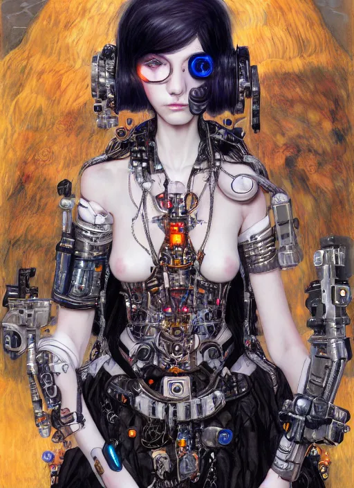 Prompt: portrait of cute beautiful young goth cyborg maiden, cyberpunk, Warhammer 40000, highly detailed, artstation, illustration, art by Gustav Klimt and Range Murata