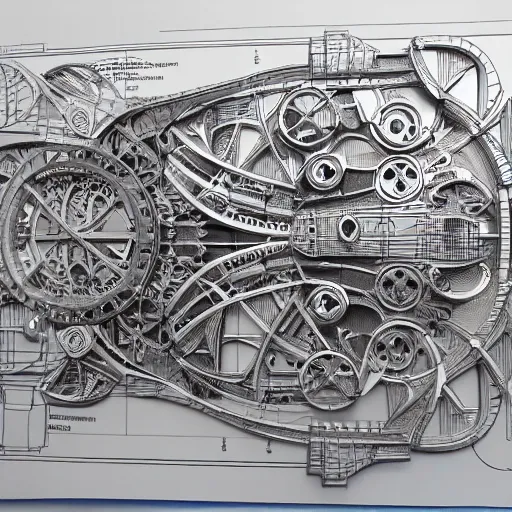 Prompt: a concept of a detailed and intricate design of a mechanical deconstructor 3 d design, great finesse organic hyper detailed, engineering blueprints, technical drawings, calculus, stained paper,