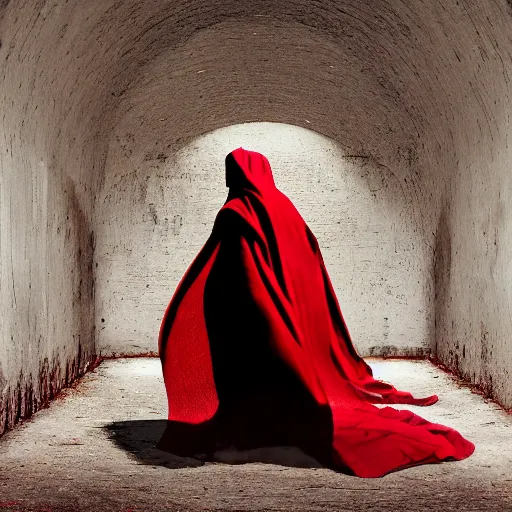 Prompt: a figure covered by red cloth that's blowing in the wind standing in a creepy tunnel with atmospheric light, digital art, concept art, cloth simulation with houdini, octane, redshift, 8 k