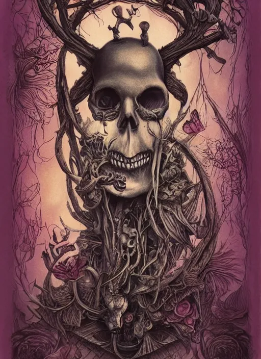 Prompt: alice in wonderland death tarot card, highly detailed, half skull face, cinematic, 8 k, bymegan duncanson, benjamin lacombe, naoto hattori, giger, trending on deviantart, hyper detailed, horror, full of colour