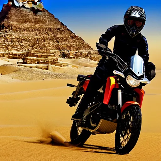 Prompt: KLR650 doing a jump over the great pyramids of Egypt, photograph, sports, motocross, realistic