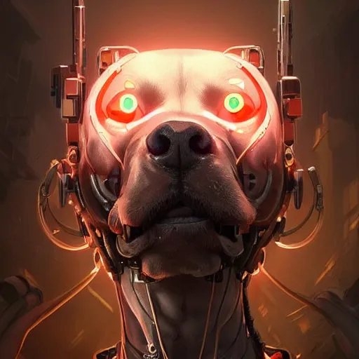 Image similar to an amazing portrait of a cute mad cyborg pitbull. intricate, epic lighting, cinematic composition, hyper realistic, 8 k resolution, unreal engine 5, by artgerm, tooth wu, dan mumford, beeple, wlop, rossdraws, james jean, marc simonetti, artstation