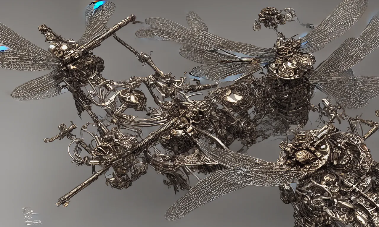 Prompt: mechanical diagram of a single Mechanical dragonfly, photorealistic, elaborate, highly detailed, ornate, shiny, octane render, style by Richard Estes,