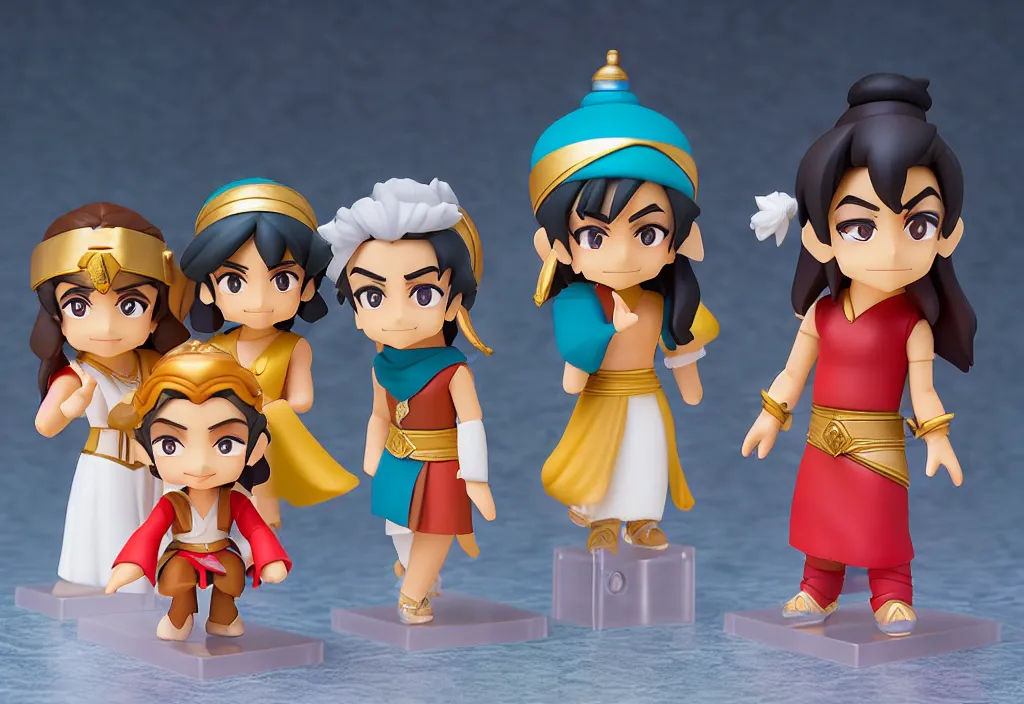 Image similar to side view of young aladdin, jaffar the sorcerer, jasmine the princess, and the genious of the lamp as nendoroid, 8 k hd dof, kodak film,