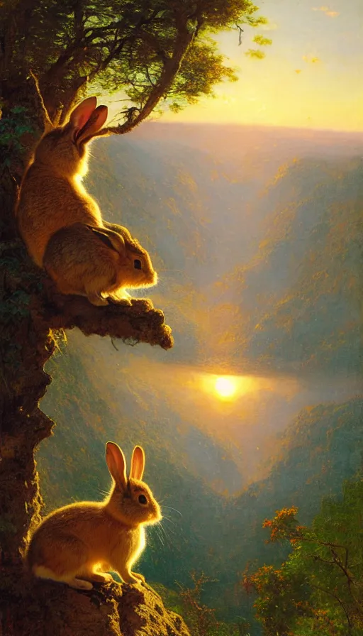 Image similar to hyper realistic rabbit looking off of a cliff, sun setting behind rabbit, lush forest in valley below, painted by gaston bussiere, craig mullins, j. c. leyendecker 8 k