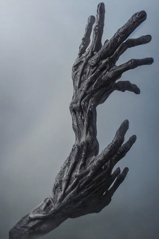 Image similar to giant hand sculpture covered in fog in style of prometheus xenomorph mythology, detailed, beautiful, god rays, unreal