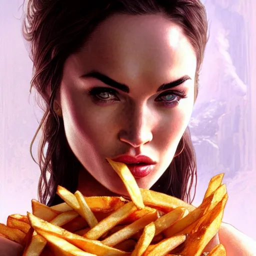 Prompt: Megan Fox eating french fries, closeup, D&D, fantasy, intricate, elegant, highly detailed, digital painting, artstation, concept art, matte, sharp focus, illustration, art by Artgerm and Greg Rutkowski and Alphonse Mucha