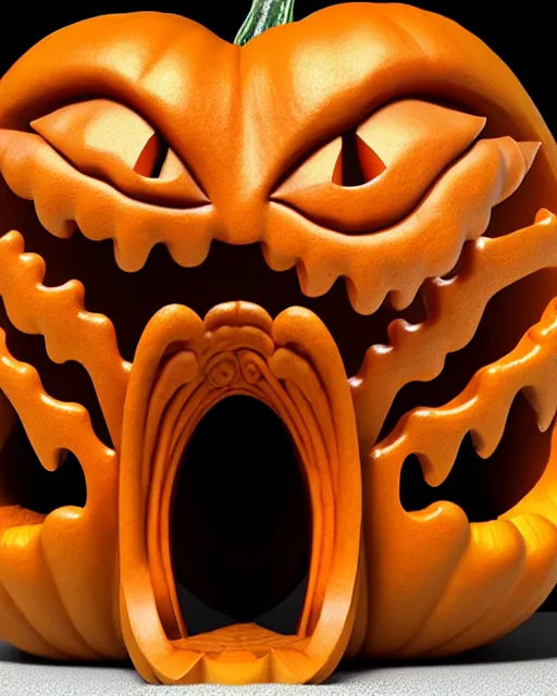 Prompt: detailed render giant pumpkin house art nouveau rococo architecture carved out of teeth, pumpkin smiling showing teeth rendered in cinema 4 d octane