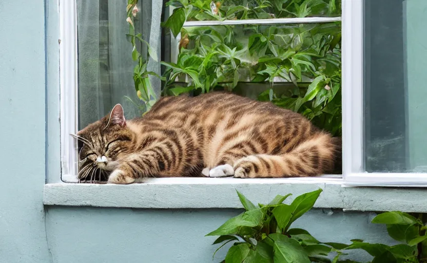 Prompt: photorealistic imagery of sleeping cat on window, inside house in village, plants